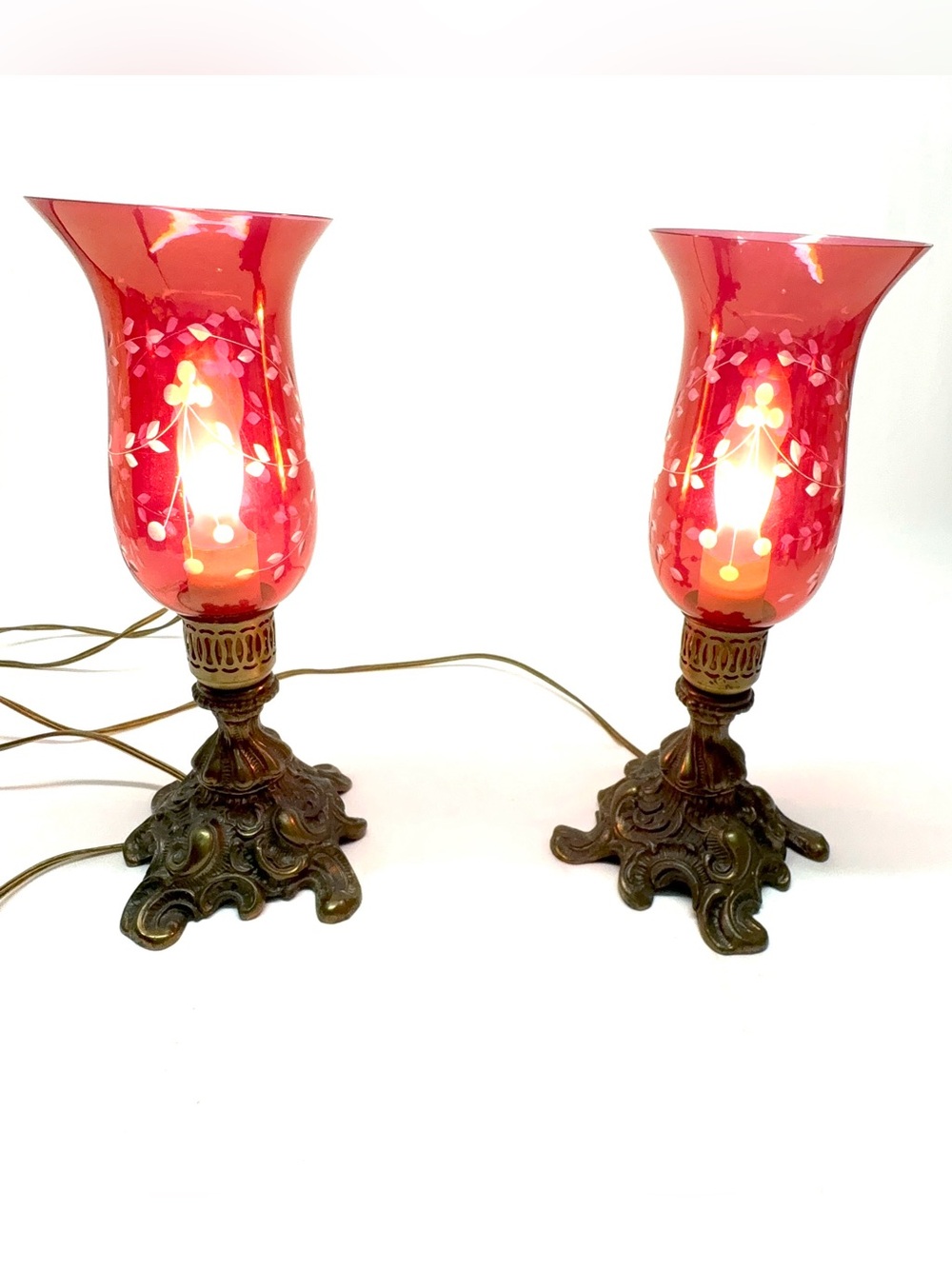 Vintage Cranberry Glass Hurricane Lamps Floral Etched Ornate Metal Vanity Pair
